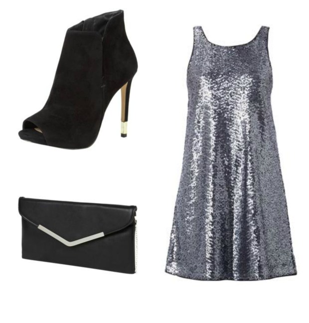 Silvesteroutfit Collage Paillettenkleid Clutch Peeptoes