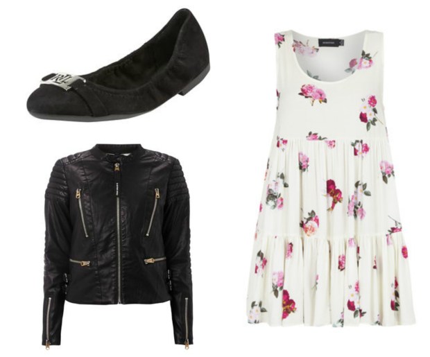 Fashion ID Outfit Blümchenkleid, Lederjacke, Ballerinas