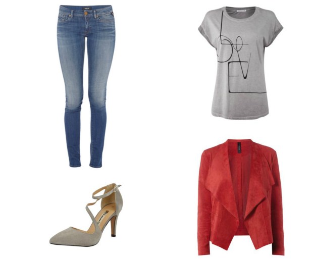 Fashion ID Outfit Jeans, Tshirt, Pumps, Wildlederjacke